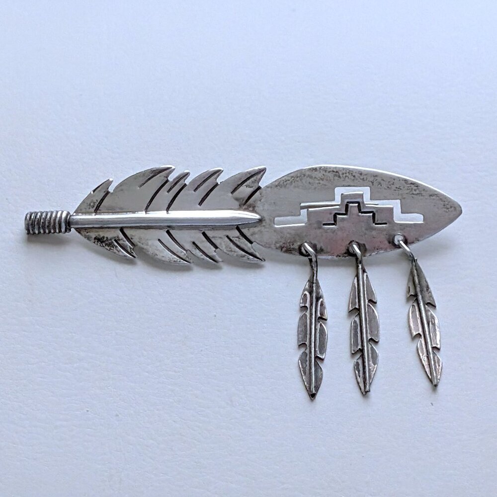 Vintage Navajo Joe Delgarito Sterling Silver 925 Feather With Dangles Brooch Pin